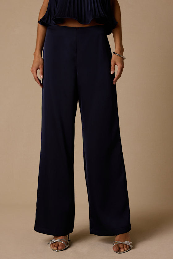 Caspian Navy Satin Wide-Leg Pants