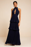 Mavia Navy Pleated Cutout Tiered Maxi Dress