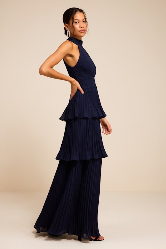 Mavia Navy Pleated Cutout Tiered Maxi Dress