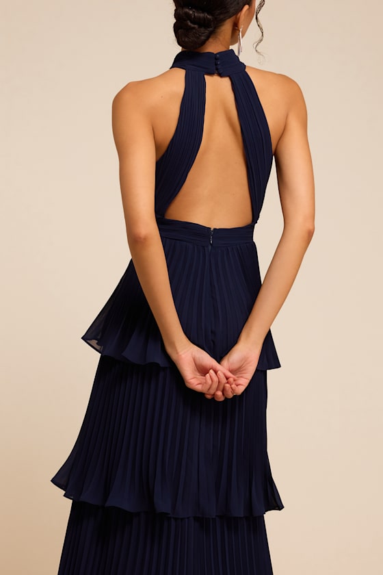 Mavia Navy Pleated Cutout Tiered Maxi Dress