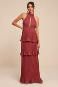 Mavia Rusty Rose Pleated Cutout Tiered Maxi Dress