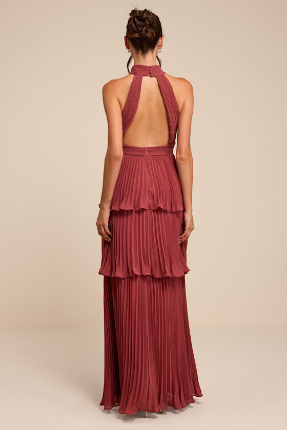 Mavia Rusty Rose Pleated Cutout Tiered Maxi Dress