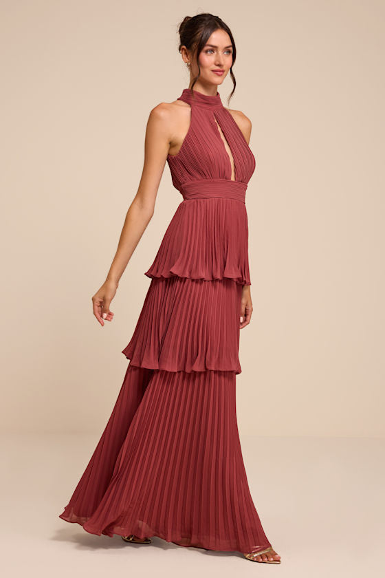 Mavia Rusty Rose Pleated Cutout Tiered Maxi Dress