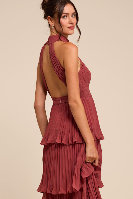 Mavia Rusty Rose Pleated Cutout Tiered Maxi Dress