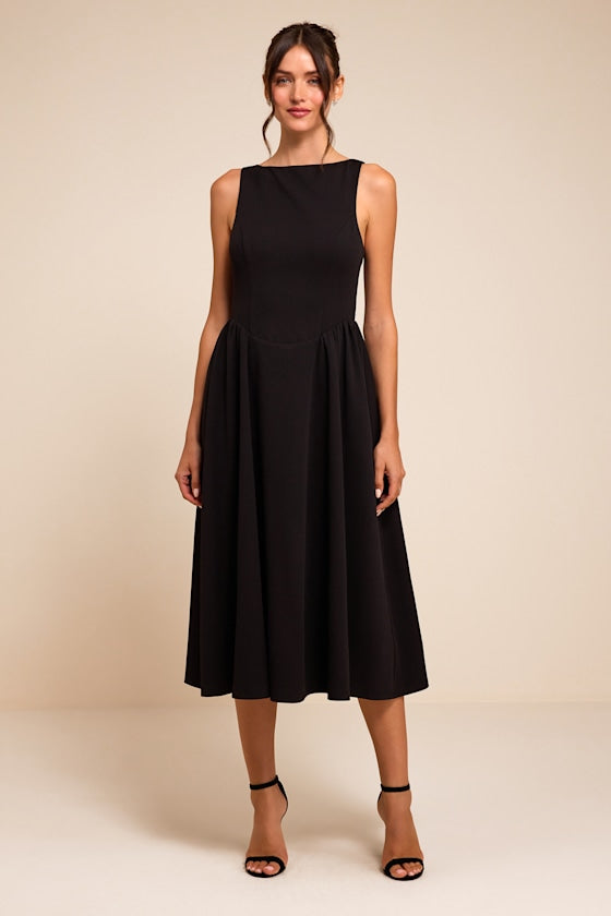 Kenly Black Boat Neck Cutout Midi Dress