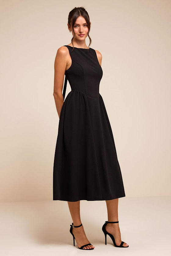 Kenly Black Boat Neck Cutout Midi Dress