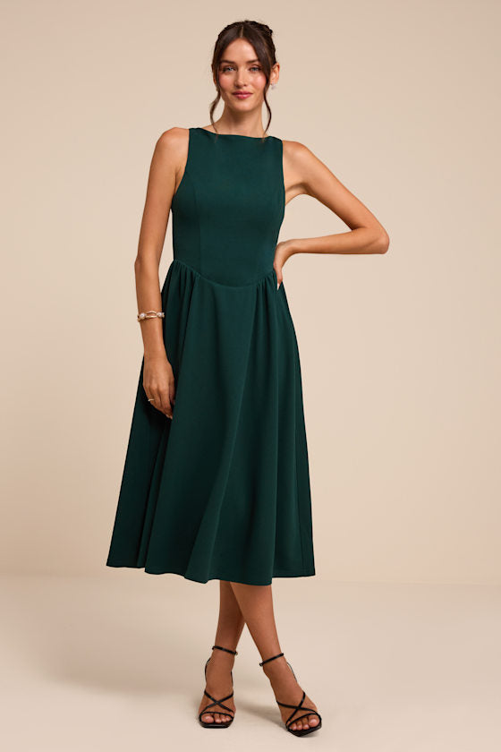 Kenly Emerald Boat Neck Cutout Midi Dress