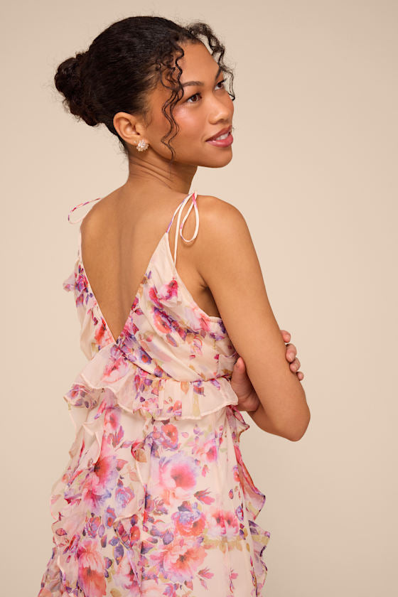 Rylee Cream Multi Floral Tie-Strap Midi Dress