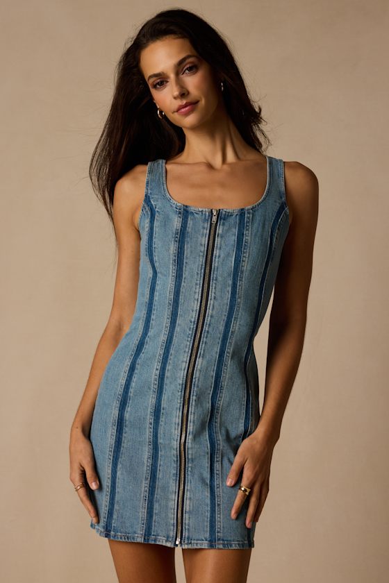 Seamed Zip Medium Wash Denim Mini Dress