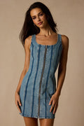 Seamed Zip Medium Wash Denim Mini Dress