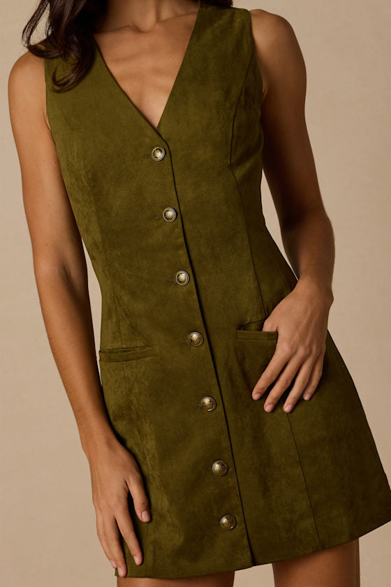 Danny Olive Suede Button-Front Mini Dress