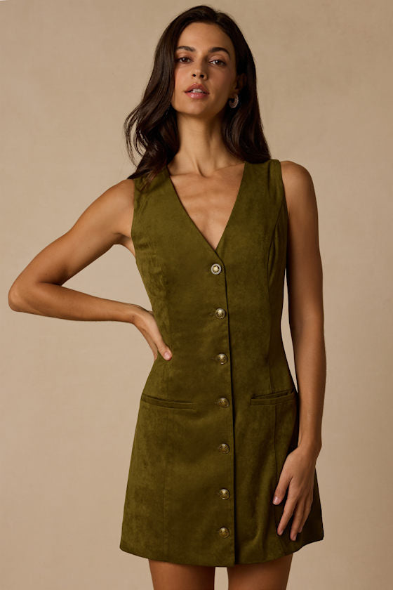 Danny Olive Suede Button-Front Mini Dress