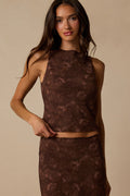 Myette Brown Floral Mesh Cowl Back Tank Top