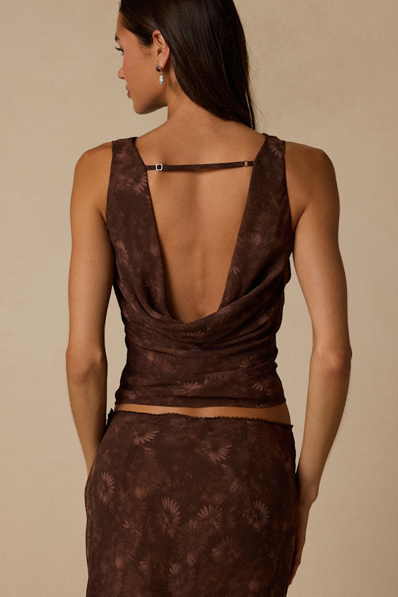 Myette Brown Floral Mesh Cowl Back Tank Top