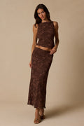 Myette Brown Floral Mesh Midi Skirt