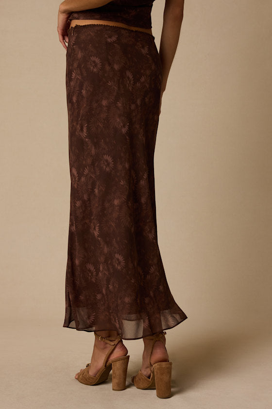 Myette Brown Floral Mesh Midi Skirt