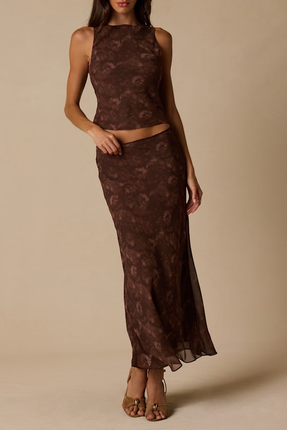 Myette Brown Floral Mesh Midi Skirt