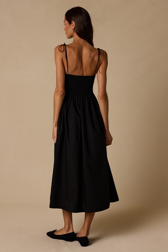 Janey Black Smocked Tie-Strap Midi Dress