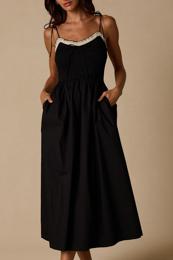Janey Black Smocked Tie-Strap Midi Dress