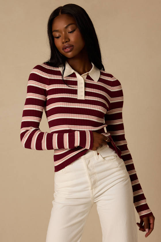 Opal Burgundy and Pink Striped Ribbed Knit Collar Top