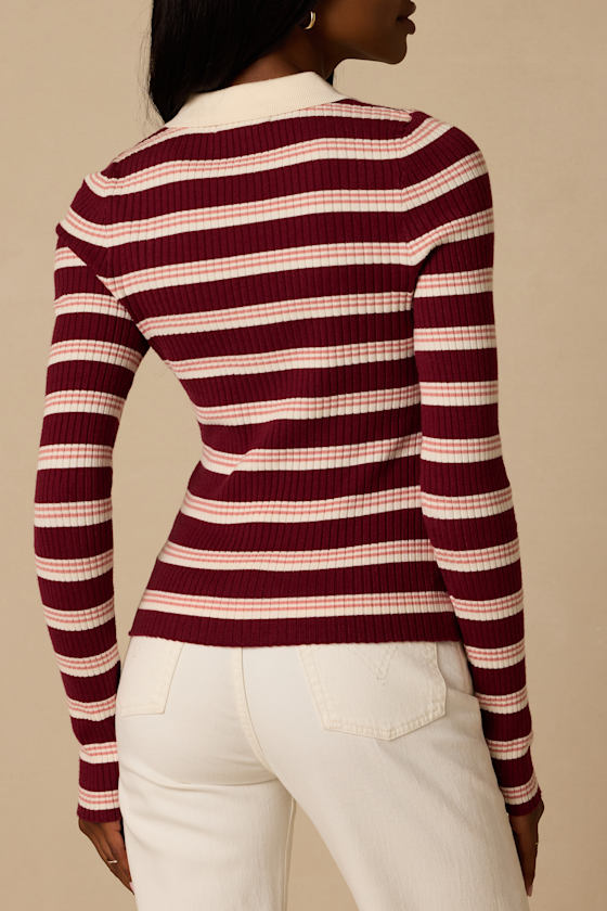 Opal Burgundy and Pink Striped Ribbed Knit Collar Top