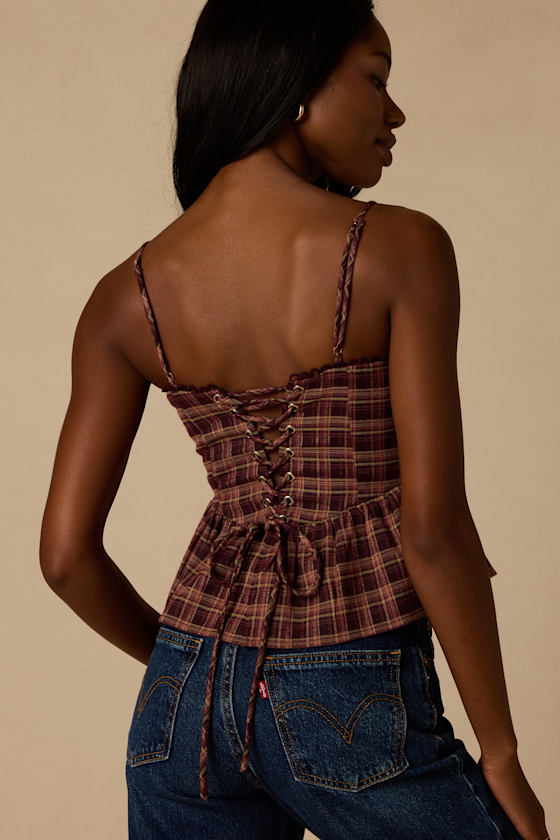 Callen Burgundy Multi Plaid Peplum Top