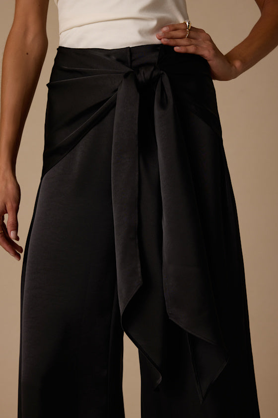 Ivaya Black Satin Sash Wide-Leg Pants