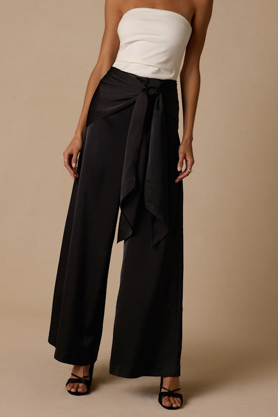 Ivaya Black Satin Sash Wide-Leg Pants