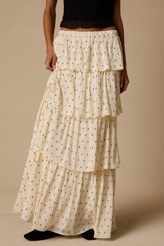 Deedee Ivory Polka Dot Tiered Maxi Skirt