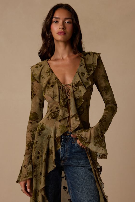 Winifred Olive Sheer Mesh Jacquard Lace-Up Duster Top