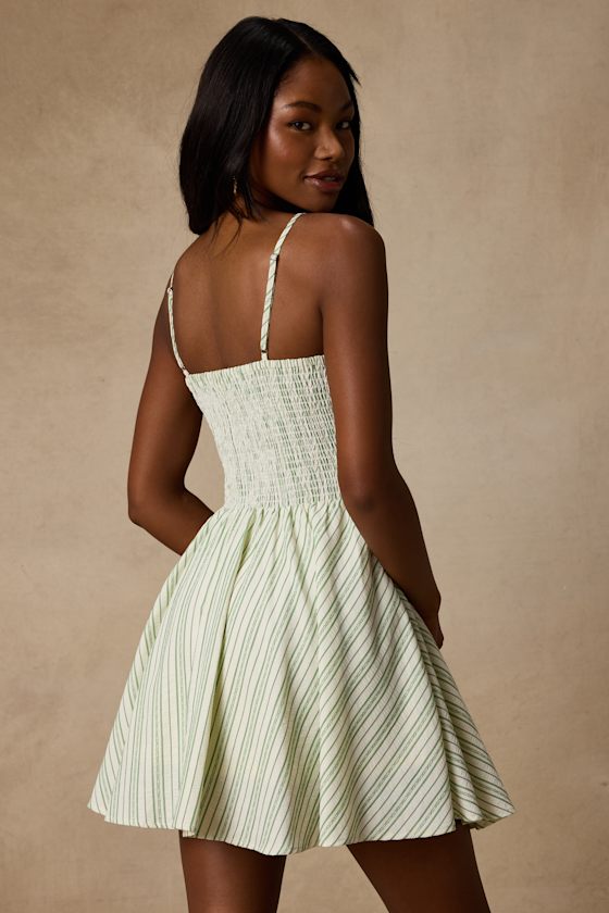 Sandy White and Green Striped Skater Mini Dress