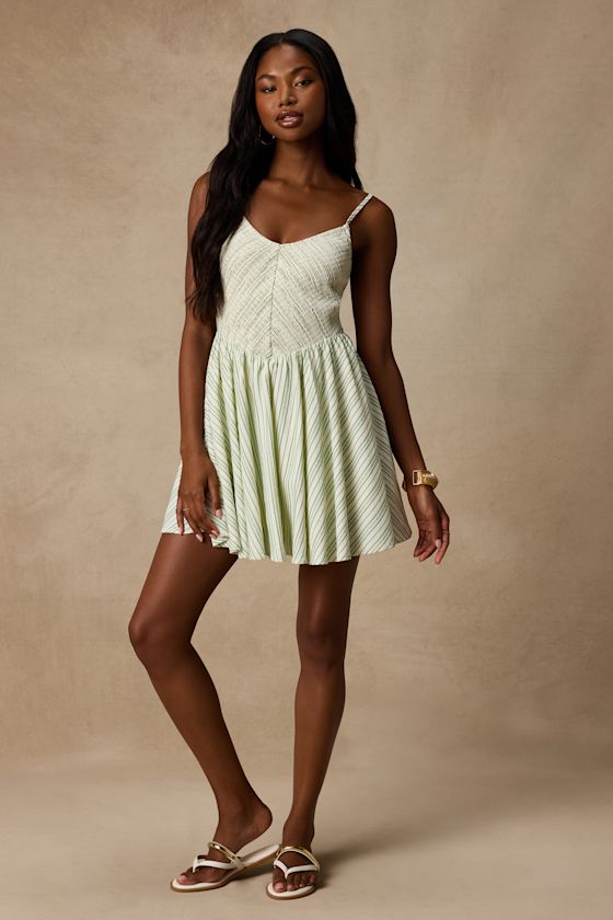 Sandy White and Green Striped Skater Mini Dress