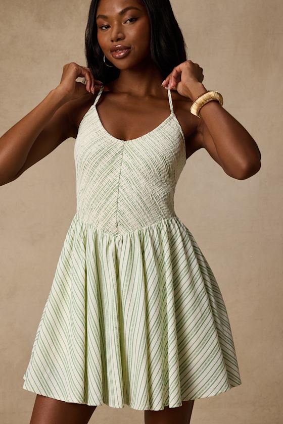 Sandy White and Green Striped Skater Mini Dress