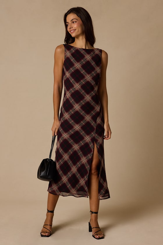 Violetta Black Multi Plaid Backless Midi Dress