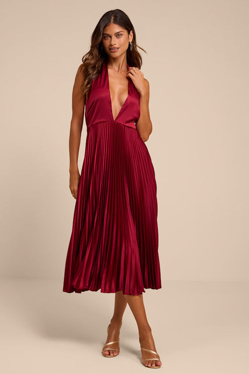 Rhoda Wine Red Satin Halter Midi Dress