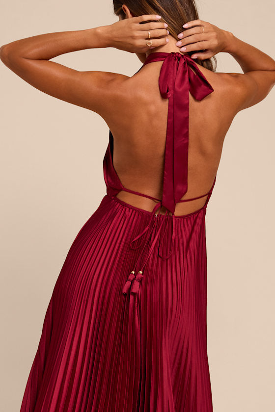 Rhoda Wine Red Satin Halter Midi Dress