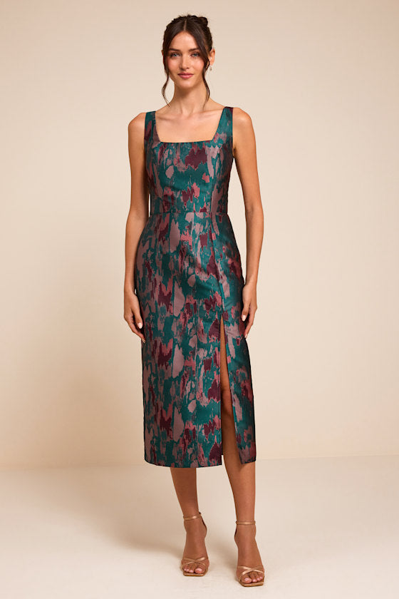 Diani Teal Abstract Jacquard Column Midi Dress