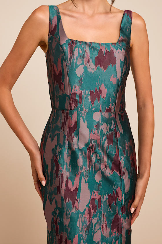 Diani Teal Abstract Jacquard Column Midi Dress