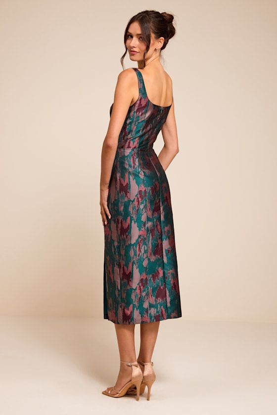 Diani Teal Abstract Jacquard Column Midi Dress