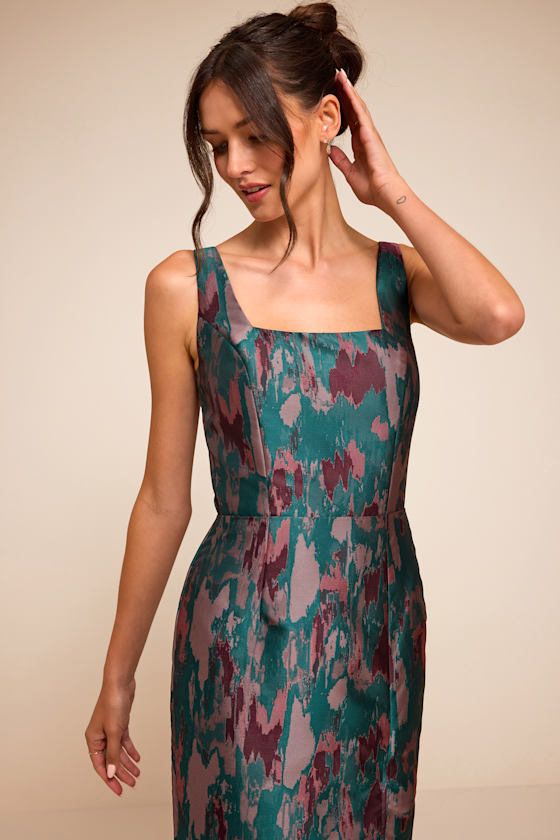 Diani Teal Abstract Jacquard Column Midi Dress