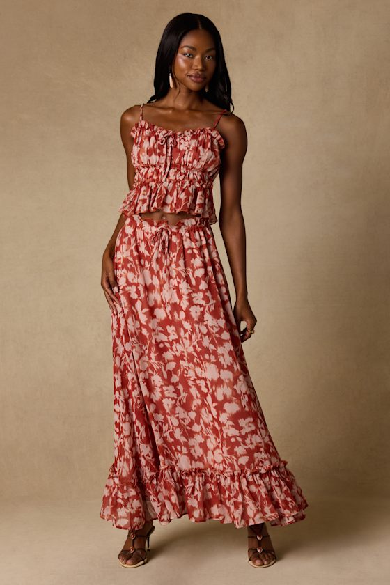 Aleni Rust Floral Print Maxi Skirt
