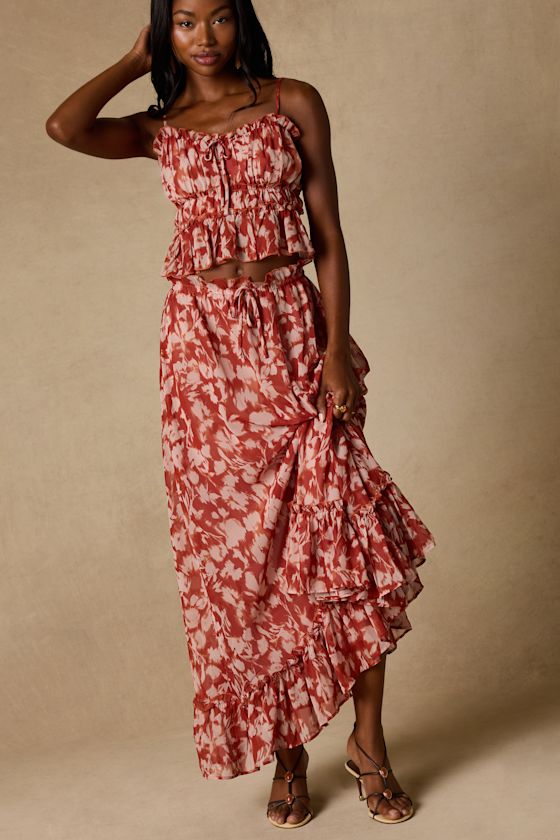 Aleni Rust Floral Print Maxi Skirt
