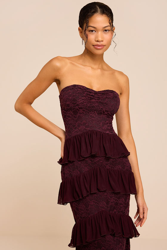 Mariena Plum Lace Tiered Midi Dress