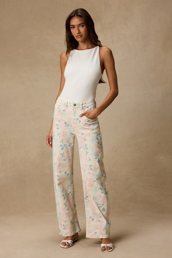 Sydnee Cream Multi Floral Wide-Leg Jeans