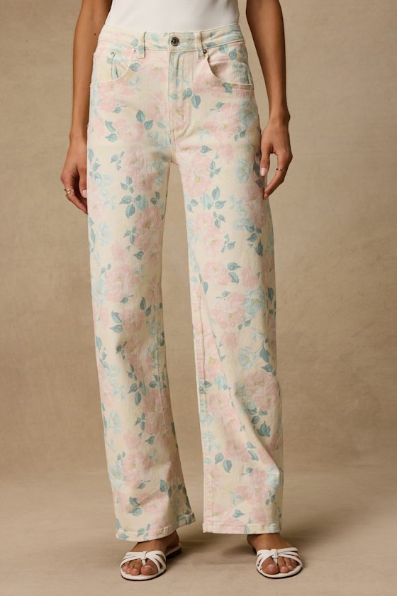 Sydnee Cream Multi Floral Wide-Leg Jeans