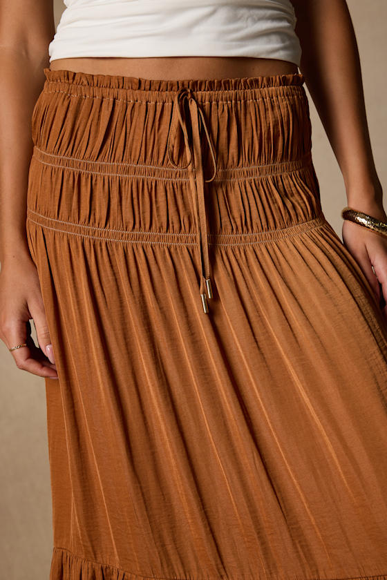 Goldie Light Brown Ruched Midi Skirt