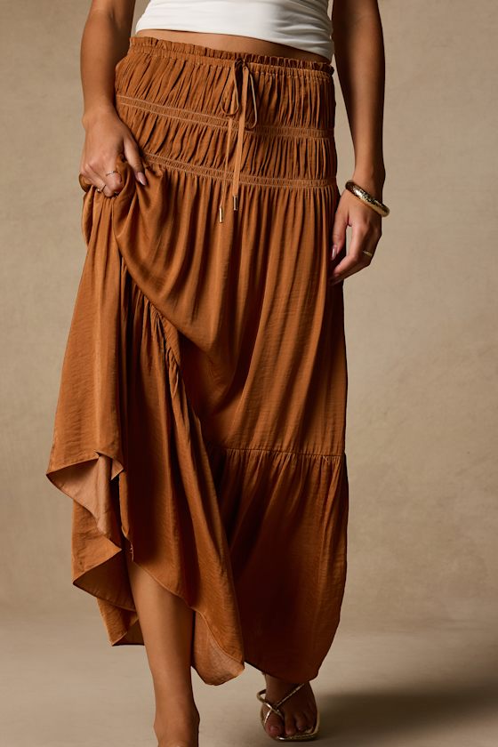 Goldie Light Brown Ruched Midi Skirt