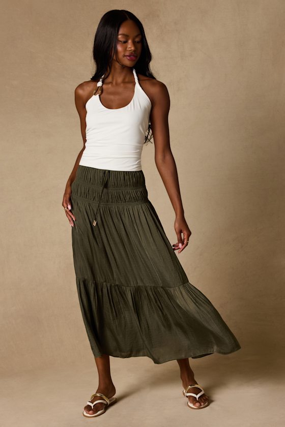 Goldie Olive Green Ruched Midi Skirt