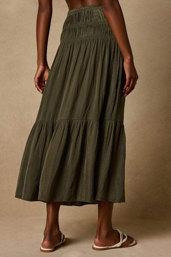 Goldie Olive Green Ruched Midi Skirt