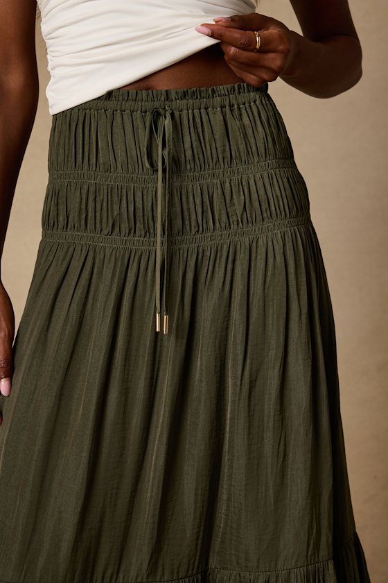 Goldie Olive Green Ruched Midi Skirt